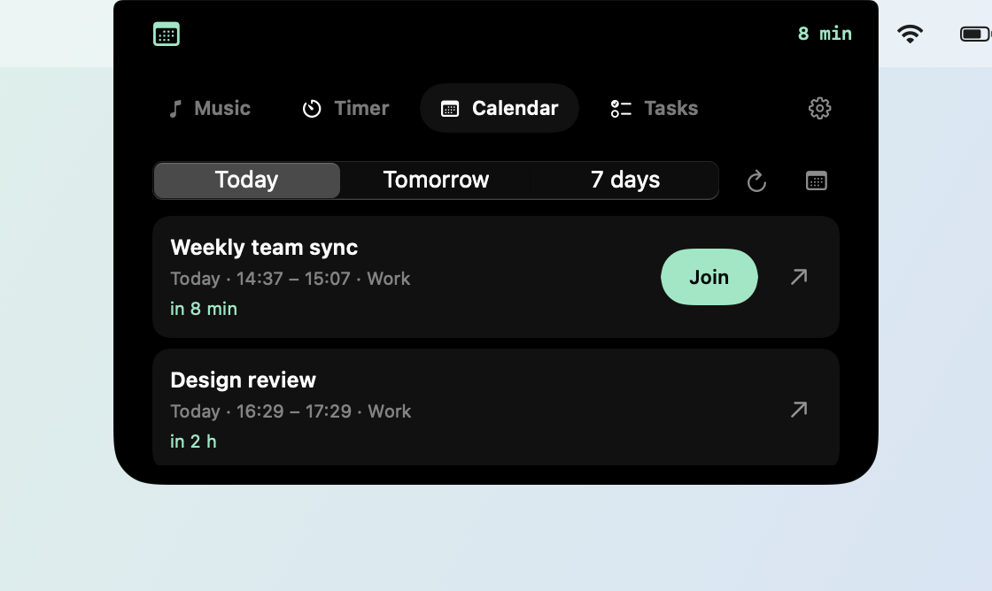 The Calendar tab set to Today: “Weekly team sync” in 8 min with a Join button, then “Design review” in 2 h.