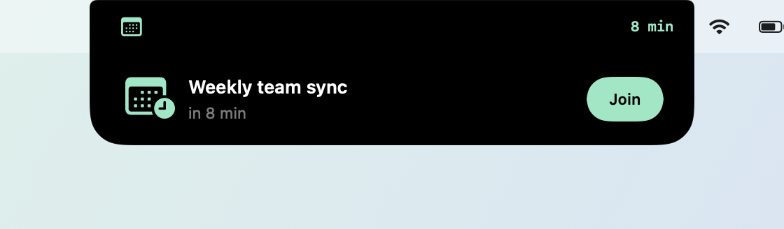 The small view under the notch before a meeting: “Weekly team sync” in 8 min, with a Join button.