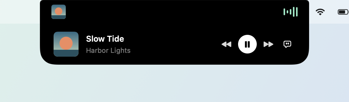 The small view under the notch after a track change: album art, “Slow Tide” by Harbor Lights, and previous, pause and next buttons.