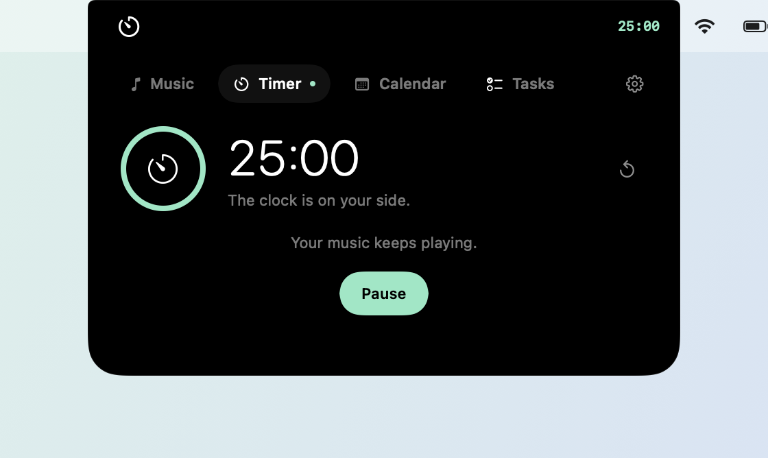 The Timer tab with a 25-minute timer running and a Pause button.
