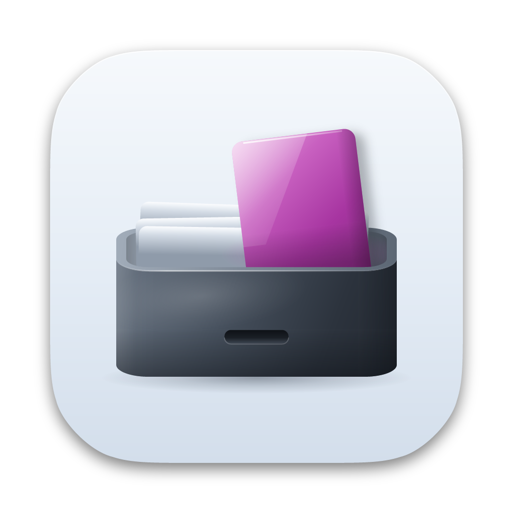 Stowia app icon: a dark drawer with a purple card stowed in it