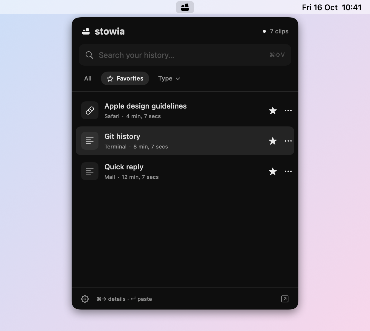The Favorites filter shows the three starred clips: Apple design guidelines, Git history and Quick reply.