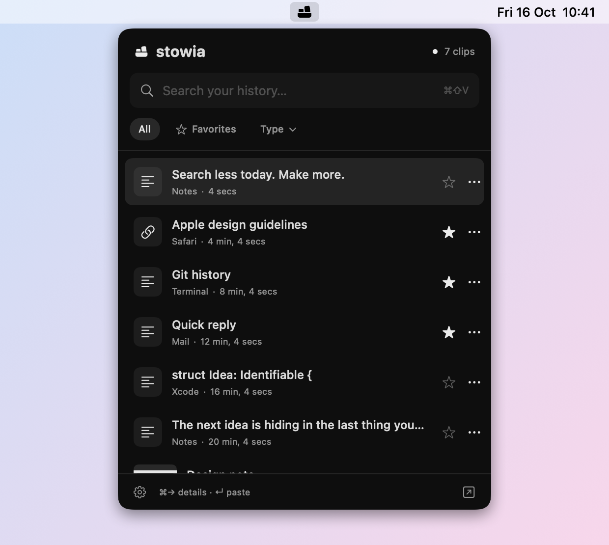 The Stowia panel under its menu bar icon with the history: text from Notes, a link from Safari, and clips from Terminal, Mail and Xcode, each with the app it came from and how long ago; three are starred.