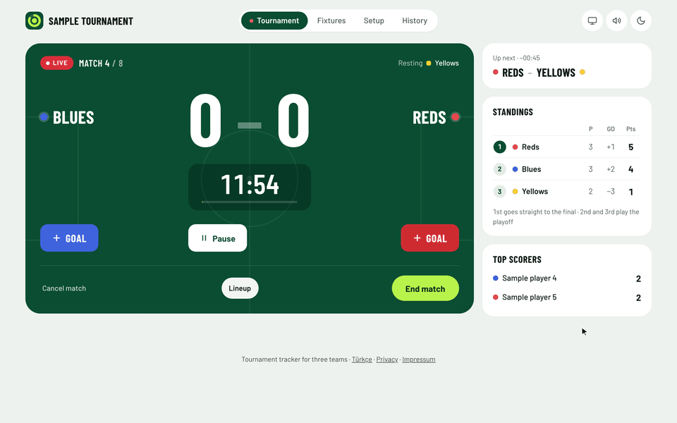 Turfling during a league match between Blues and Reds: the match clock counts down, a goal for Blues is entered by picking the scorer, the score changes to 1–0 and the standings update, then the fixtures show the live match.