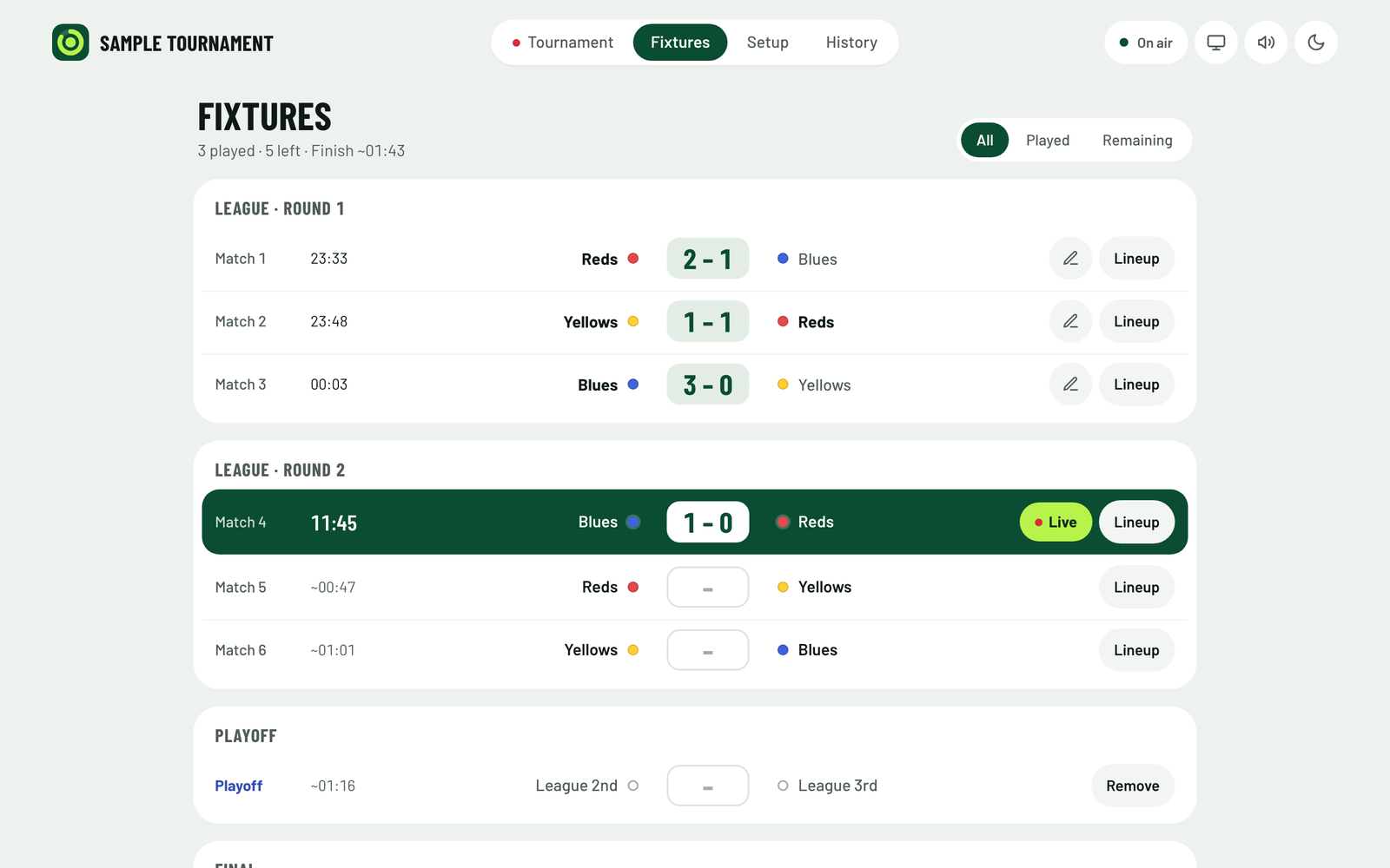 Fixtures: three played league matches with their results, match 4 live at 1–0, and the remaining matches and the playoff with estimated kick-off times.