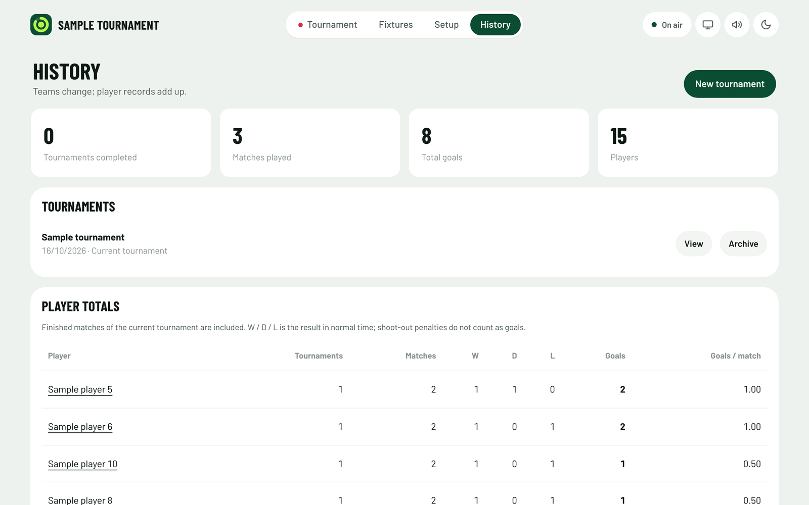 History with 3 matches played, 8 goals and 15 players, the sample tournament in the list, and player totals with matches, wins, draws, losses and goals.