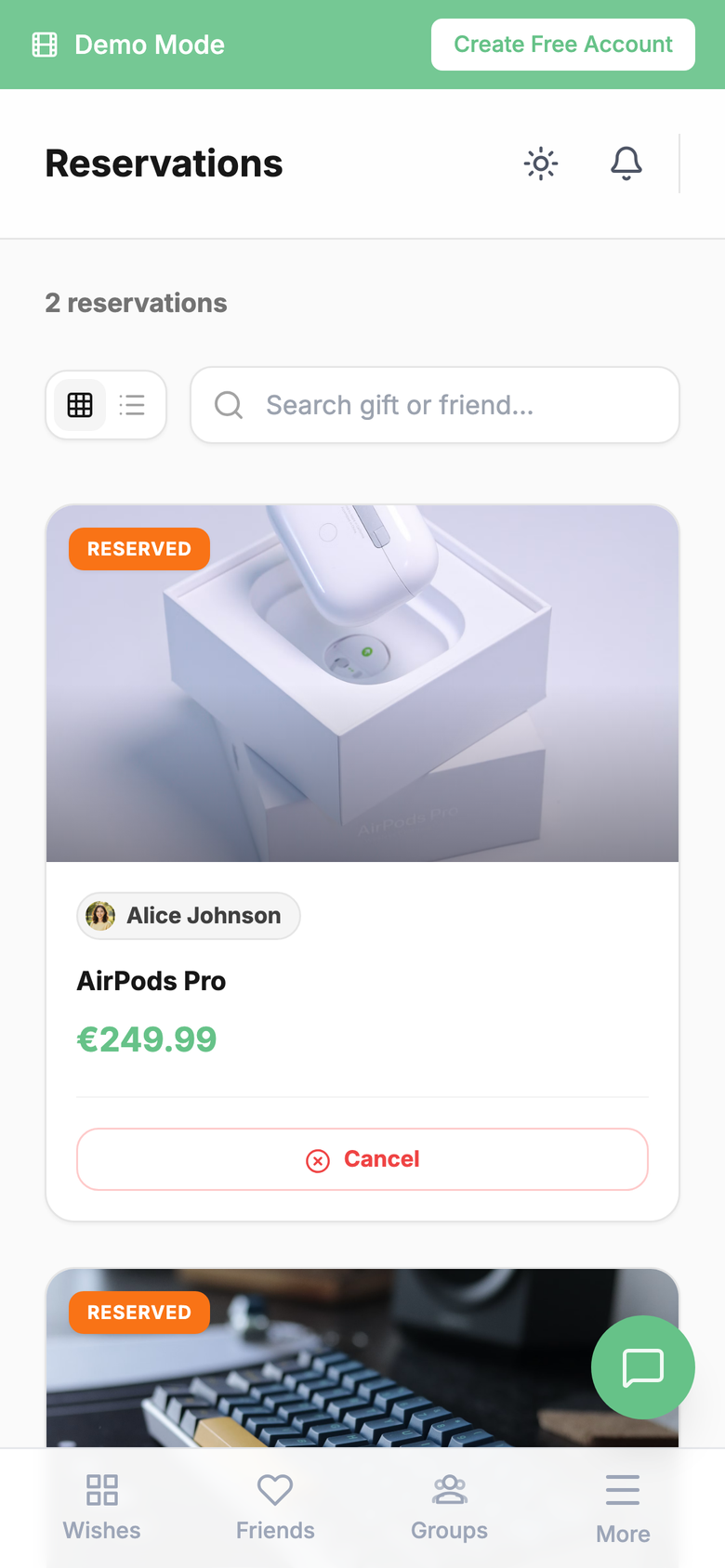 The same reservations on a phone: AirPods Pro for Alice Johnson with a Cancel button, and the tab bar with Wishes, Friends, Groups and More.