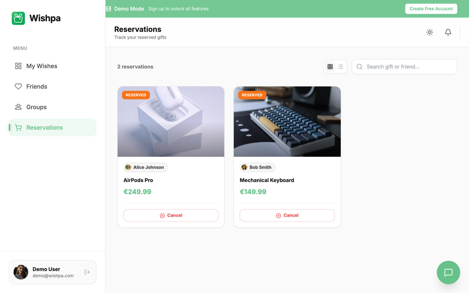 Reservations in Wishpa: two gifts reserved for friends, AirPods Pro for Alice Johnson and a mechanical keyboard for Bob Smith, each with a Cancel button.